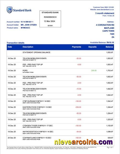 South Africa Standard Bank Rondebosch bank statement Word and PDF